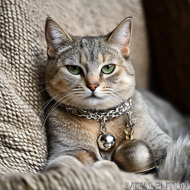 Elegant Cat Wearing a Fashionable Necklace AI Image