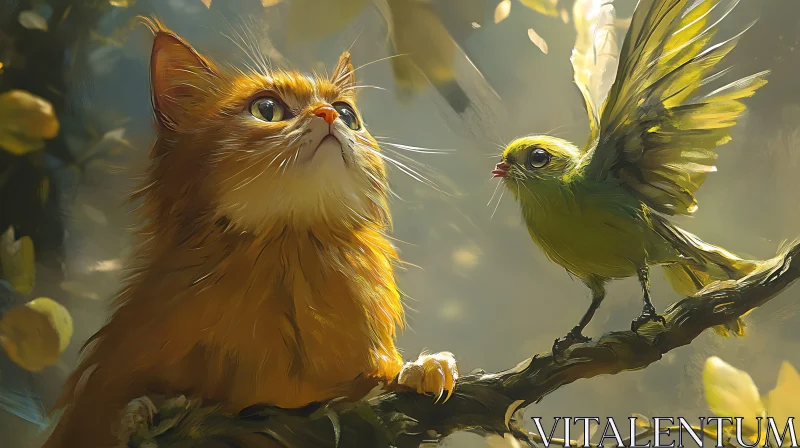 AI ART Cat and Bird on Branch in Tranquil Scene