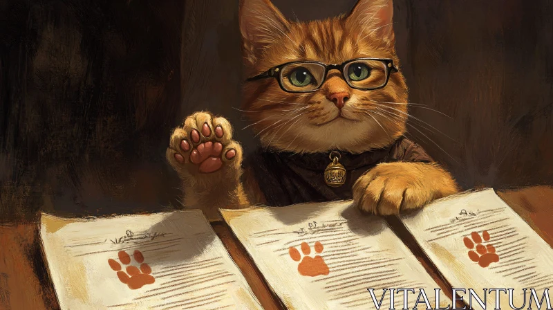 Cute Orange Cat with Glasses Approving Documents AI Image