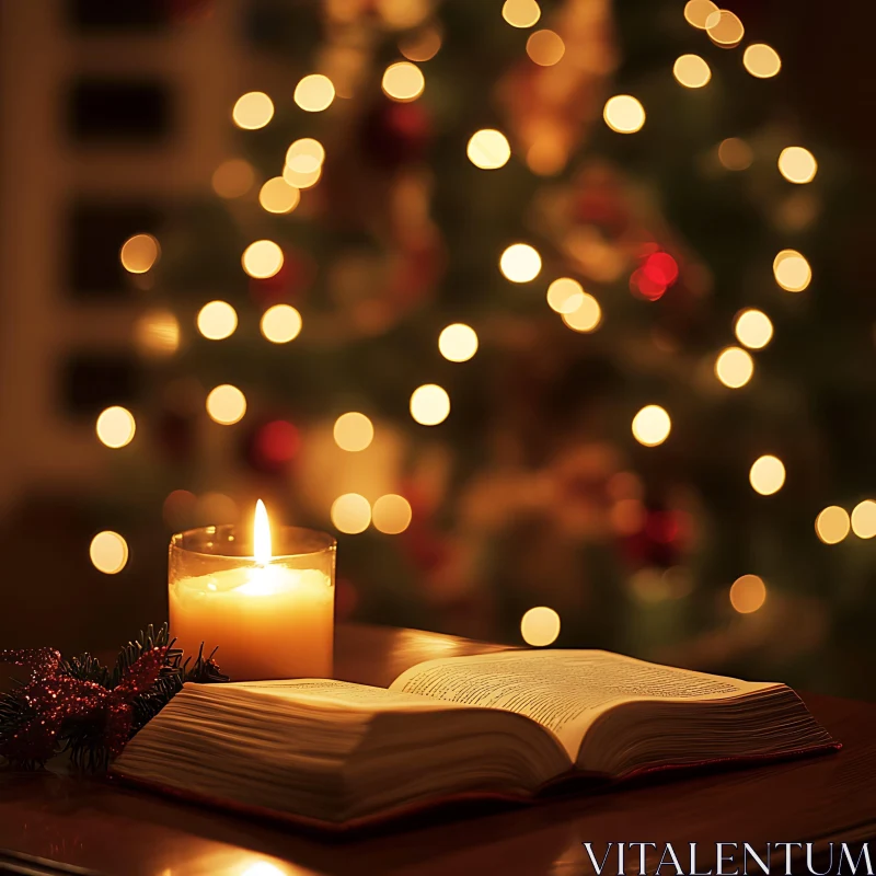 Warm Holiday Atmosphere with Candle and Open Book AI Image