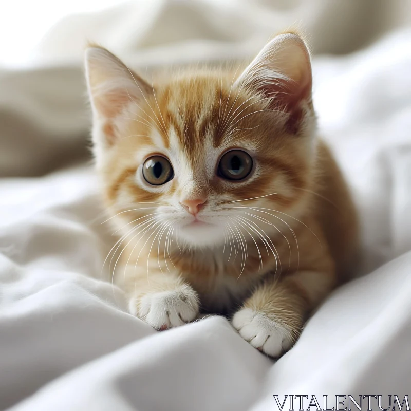 Cute Orange Kitten Resting on Bed AI Image