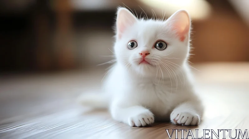 Cute White Kitten on Wooden Surface AI Image