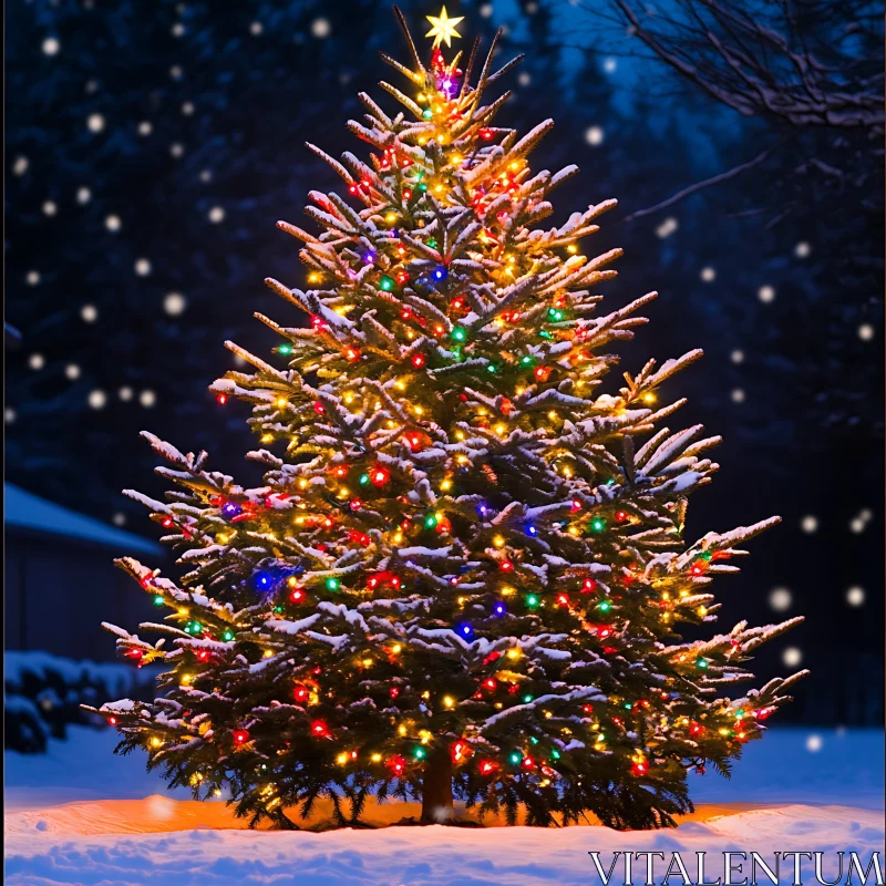 Sparkling Christmas Tree with Colorful Lights and Snow AI Image