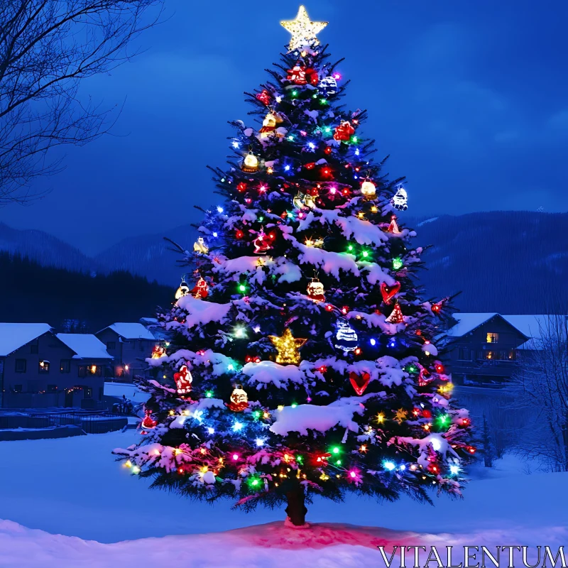 Glistening Christmas Tree with Holiday Lights and Snow AI Image