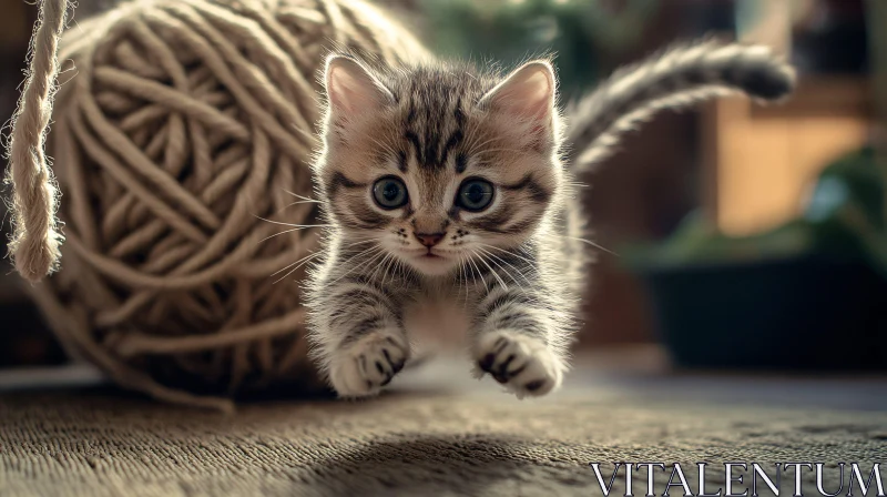 Cute Kitten Leaping Near Yarn Ball AI Image