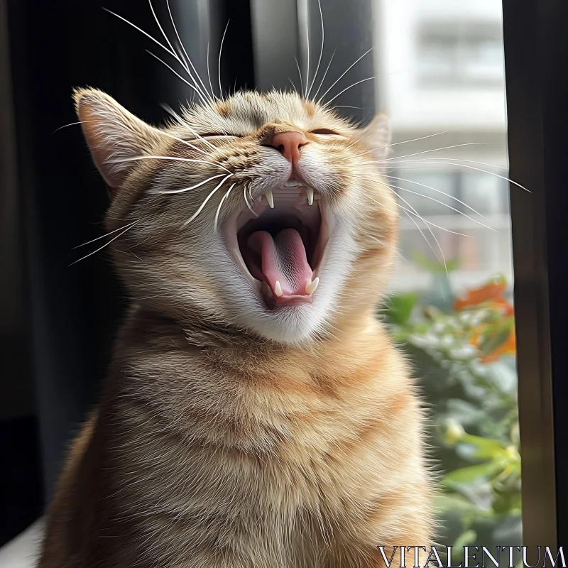 Ginger Cat Yawning by the Window AI Image