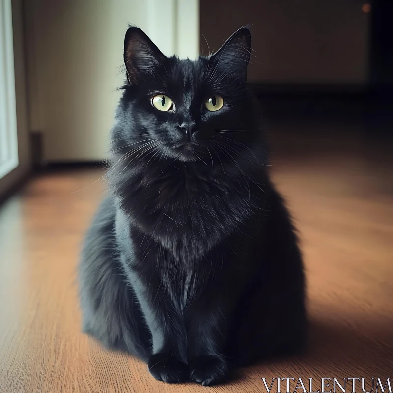 Majestic Black Cat Sitting by the Window AI Image