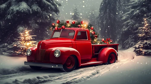 Festive Red Truck Loaded with Christmas Decor