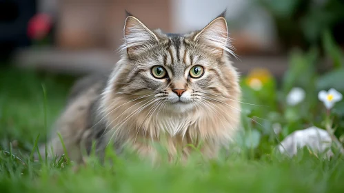 Cat in Grass with Green Eyes