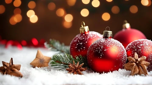 Red Ornaments and Pine Sprigs in Snow