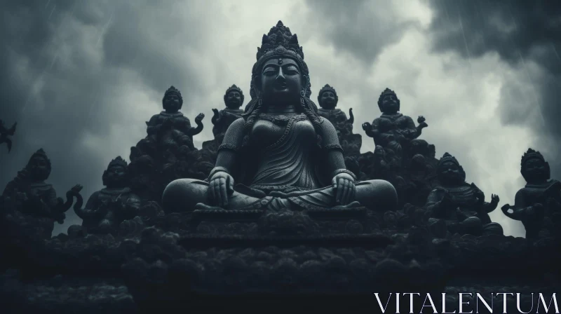 Ancient Hindu God Stone Statue in Cloudy Sky AI Image