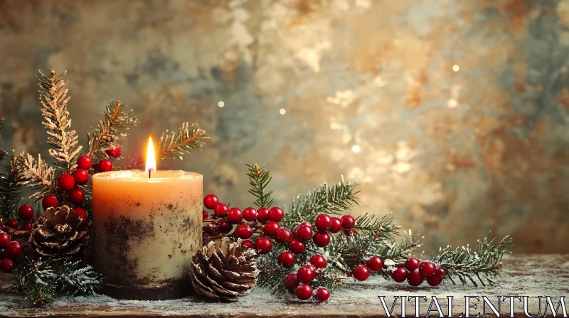 AI ART Christmas Candle Decor with Pinecones and Berries