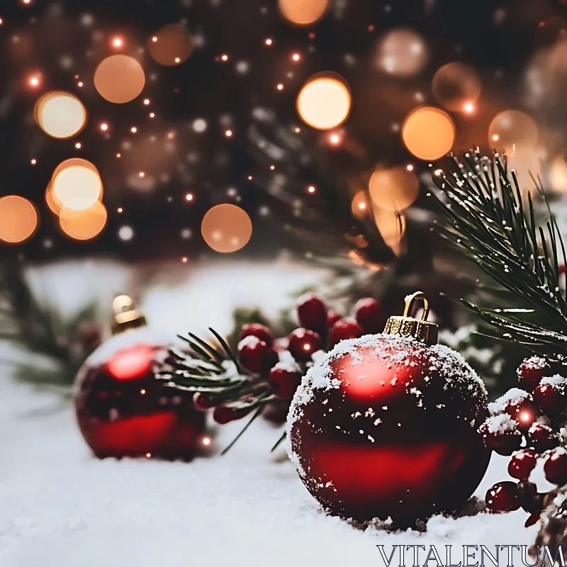 Festive Snow-Covered Christmas Ornaments and Bokeh Lights AI Image