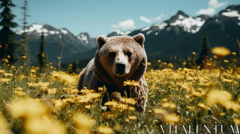 Bear in Meadow with Floral Background Amidst Mountains AI Image