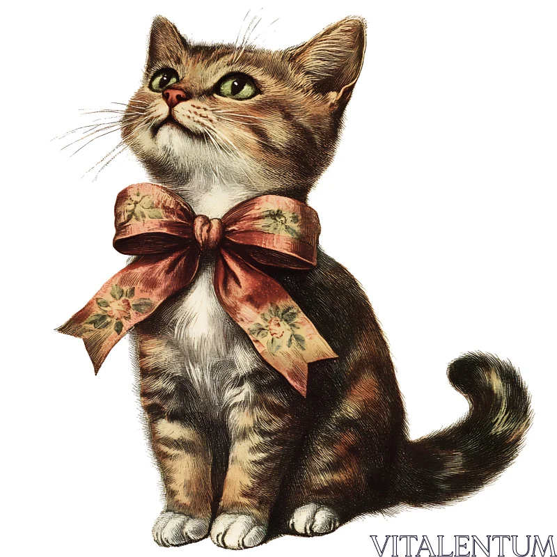 Cute Kitten Illustration with Floral Bow AI Image