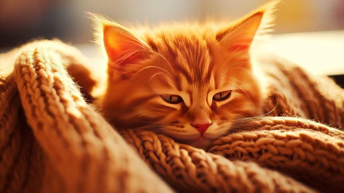 Cozy Ginger Kitten Sleeping on Brown Blanket
