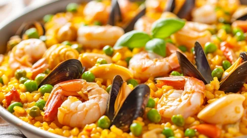 Delicious Spanish Paella with Shrimp, Mussels, Peas, and Bell Peppers