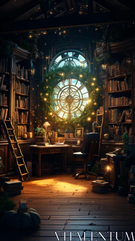 Enchanting Room with Books and Vintage Clock | Festive Atmosphere AI Image
