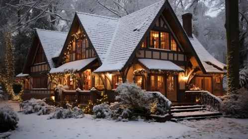 Enchanting Tudor Cottage in Winter Season with Lit Lights | Vintage-inspired