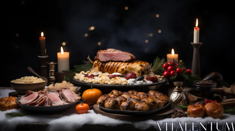 Exquisite Christmas Dinner with Roasted Pork and Vegetables AI Image