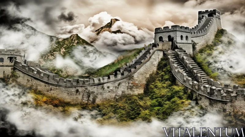 Great Wall of China: Surreal Collage with Atmospheric Clouds AI Image