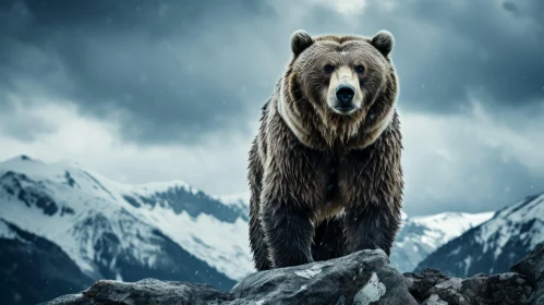 Majestic Brown Bear Against Mountain Backdrop: A Powerful Portrayal