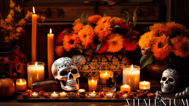 AI ART Mysterious Skulls, Orange Flowers, and Candles - A Captivating Image