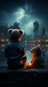 Mystical Night Scene with Teddy Bears by Lake