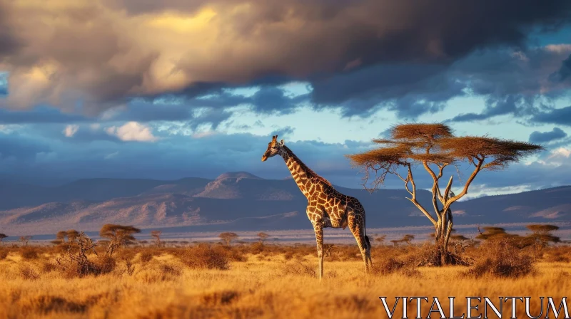 Serene African Savannah Landscape with Giraffe AI Image