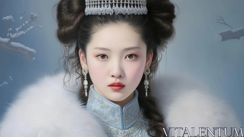 Serene Portrait of Young Woman in Chinese Headdress AI Image