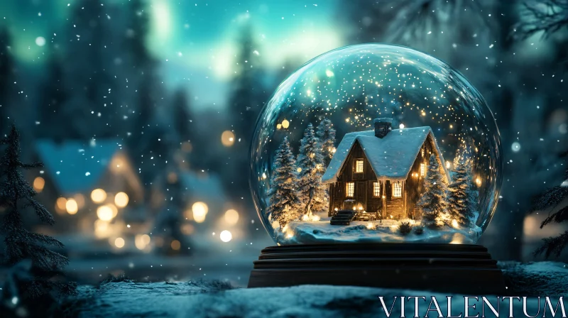 Cozy Cabin in a Snow Globe Winter Scene AI Image