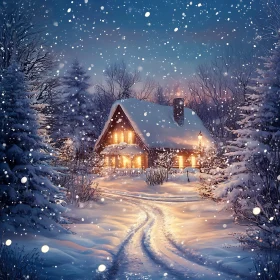 Charming Winter Scene of a Snow-Covered House at Night