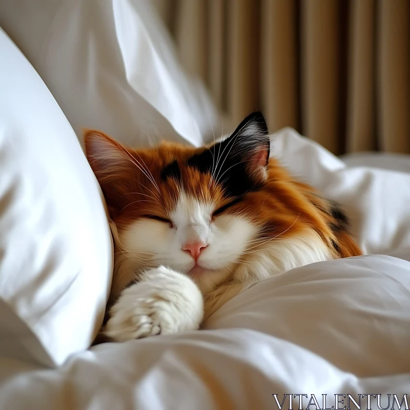 Calico Cat Resting in Comfort on Bed AI Image