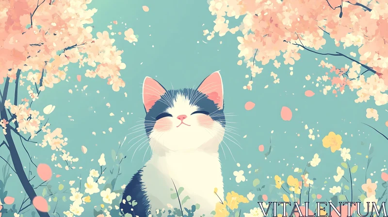 AI ART Content Cat in a Flowering Spring Landscape