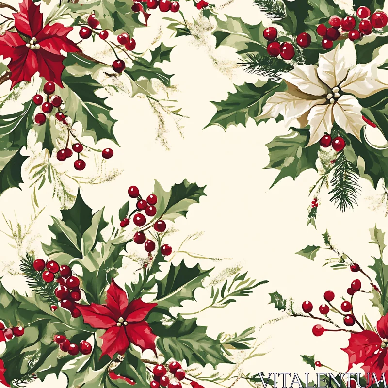 Holiday Poinsettias and Holly Berries AI Image