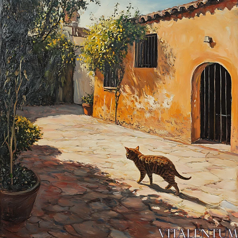 Rustic Mediterranean Courtyard with Cat AI Image