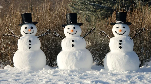 Three Snowmen with Top Hats in Snowy Scenery