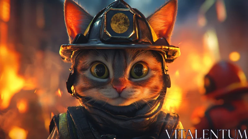 Courageous Cat Firefighter in Burning Scene AI Image