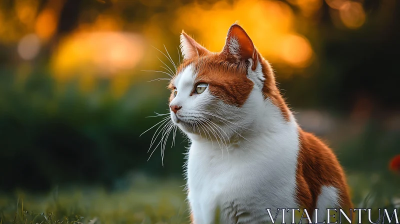 Peaceful Sunset with a White and Orange Cat AI Image