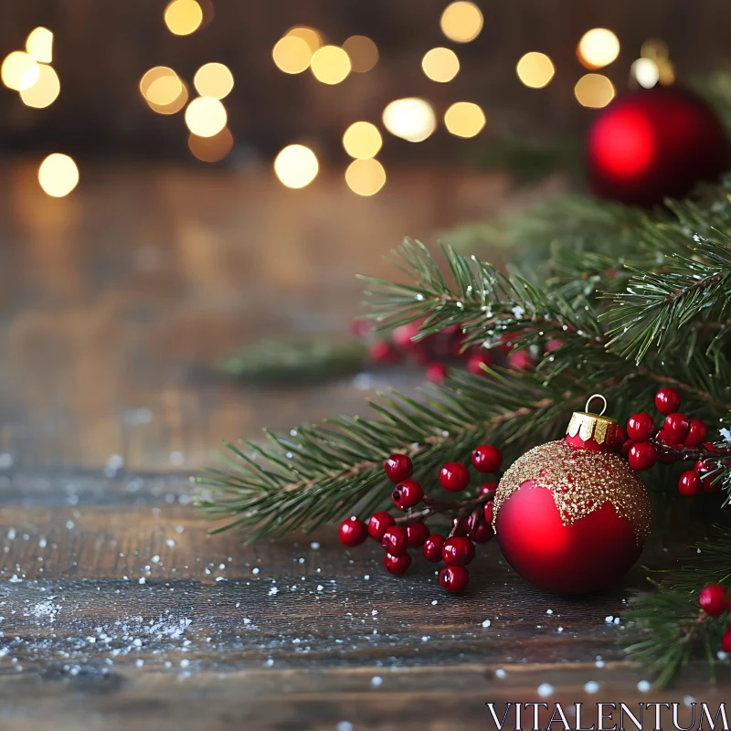 Holiday Decor: Red Baubles and Pine Branches AI Image