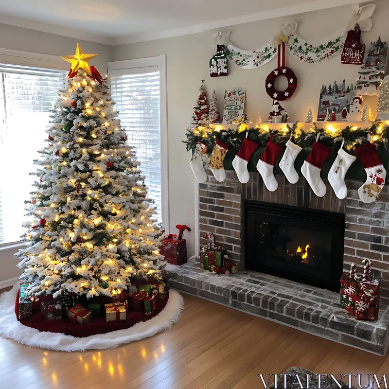 Festive Christmas Tree and Stockings by the Fireplace AI Image