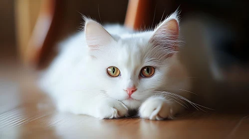 Charming Fluffy White Cat in a Relaxed Pose