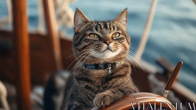 Sailing Cat with Blue Collar on Open Sea AI Image