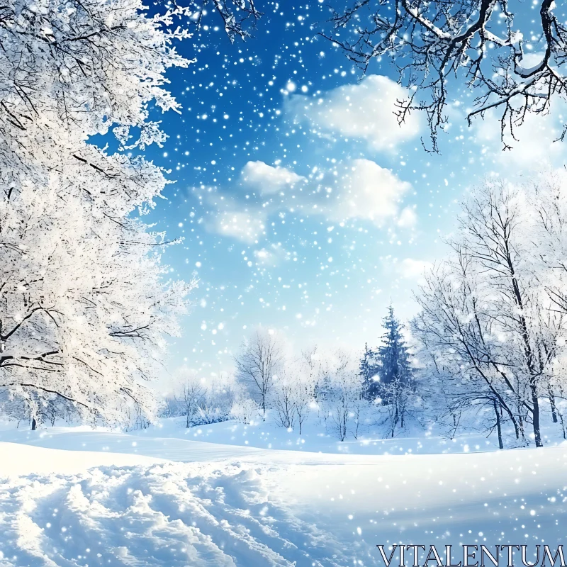 Winter Wonderland: Snowy Trees and Gentle Flurries AI Image