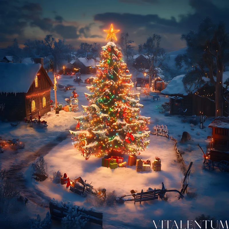 Snowy Village Christmas Tree with Festive Lights and Ornaments AI Image