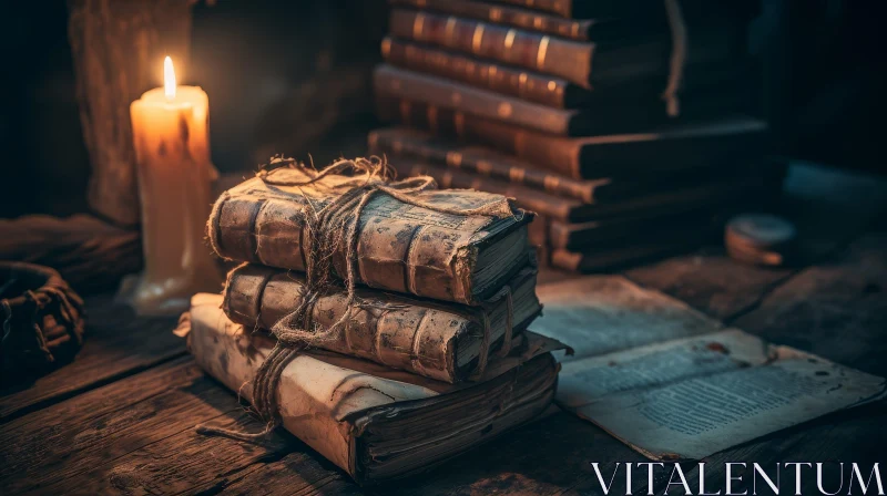 Captivating Photo of Old Books on Wooden Table with Candle AI Image