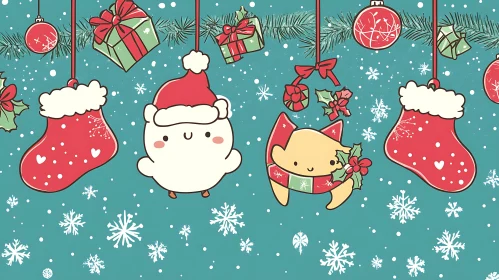 Cute Holiday Cartoon with Decorations and Characters