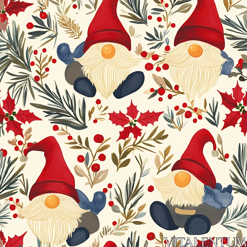 Festive Gnomes and Holly Pattern AI Image