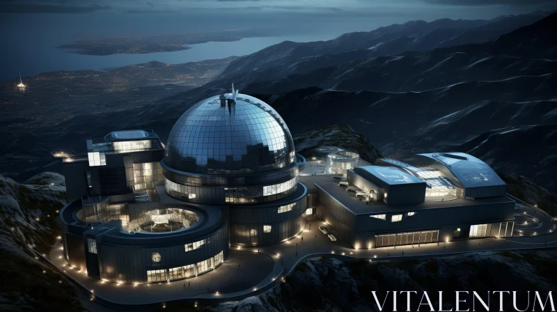Futurist Observatory on a Mountain in Nighttime Scenery - Photorealistic Renderings AI Image