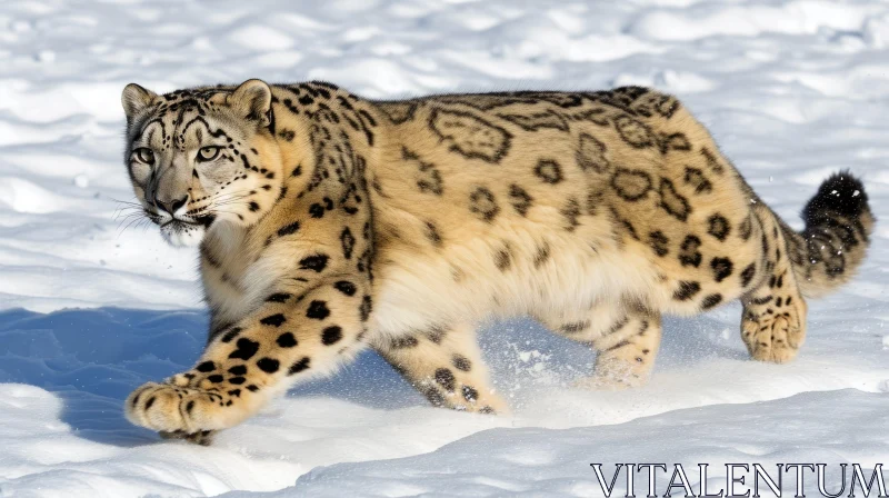 Graceful Snow Leopard Walking in Snow - Majestic Wildlife Art AI Image
